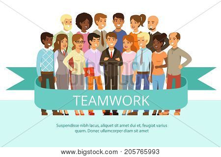 Social group on the work. Office people in casual clothes. Big corporate family. Vector characters in cartoon style. Team work group people, business teamwork company cooperation illustration