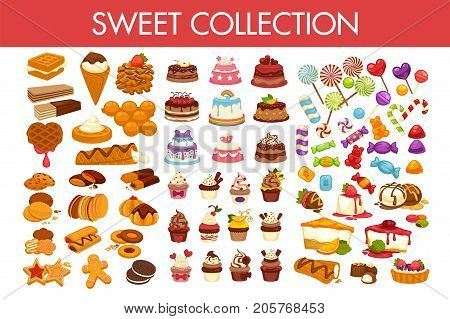 Sweet collection of delicious desserts and colorful candies isolated cartoon vector illustrations on white background. Crispy waffles, chocolate cookies, amazing cakes and tasty cupcakes with icing.