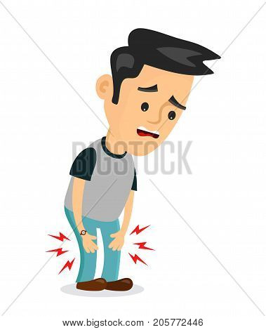 Pain in the legs problems.vector flat cartoon concept illustration of men character design icon. Isolated on white background. Pain in the knee, ache, hurt, suffering