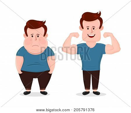 Young sad fat and sport fitness happy muscular man. Shows muscles biceps. Vector flat modern style illustration character icon design. Isolated on white background. Bodybuilding before after concept