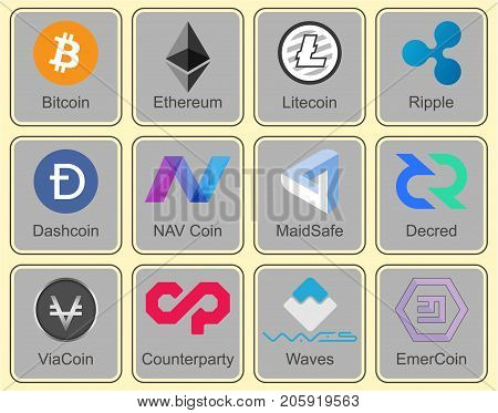 Crypto currency. Character collection of crypto currency. Vector.