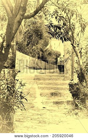 Area of old restored Jaffa in Israel. Ancient stone stairs in Arabic style in Old Jaffa Tel Aviv. Vintage style toned picture