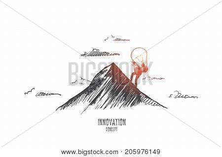 Innovation concept. Hand drawn man climbing on mountain with light bulb. Light bulb as symbol of innovation isolated vector illustration.