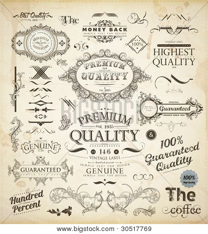 Vector set of calligraphic design elements: page decoration, Premium Quality and Satisfaction Guarantee Label, antique and baroque frames | Old paper texture with dirty footprints of a cup of coffee.