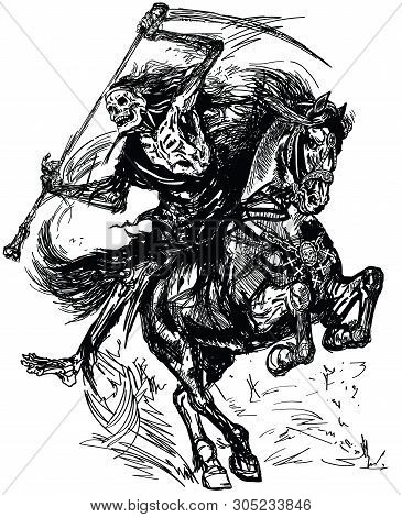 Grim Reaper Horseman Holding A Scythe And Sitting On Horseback. Dark Rider Of The Death. Horse In Th