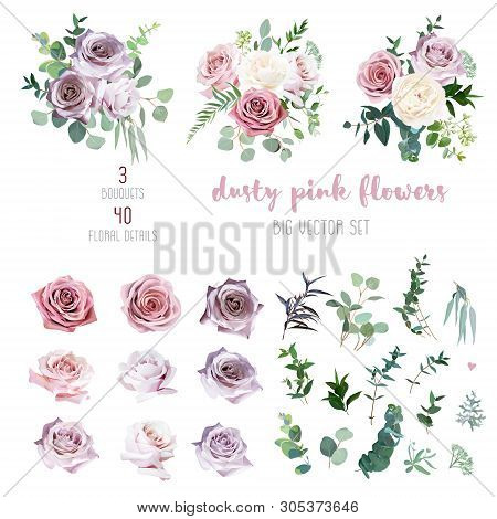 Dusty Pink And Mauve Antique Rose, Lavender And Pale Flowers, Eucalyptus, Creamy Dahlia, Greenery Bi