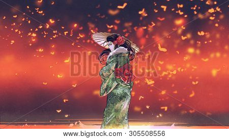 Young Asian Girl In Japanese Traditional Clothes Holds An Umbrella Standing Against Fantasy Place Wi