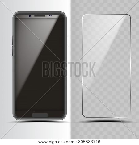 Smartphone And Screen Protector Glass Cover Vector. Transparent Tempered Protector Shield For Mobile