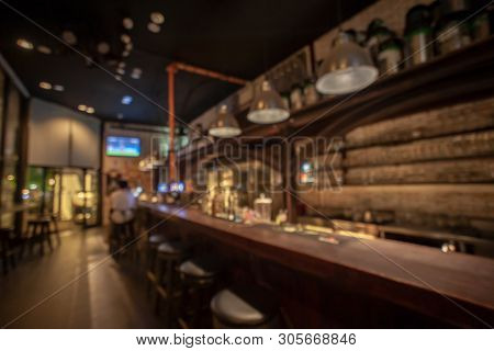 Blur Bar Counter With Defocused Background And Bottles Of Restaurant, Bar Or Cafeteria Background,re