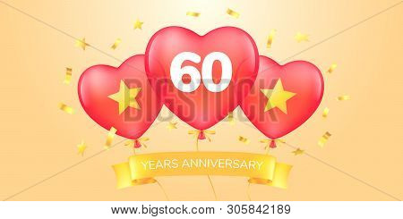 60 Years Anniversary Vector Logo, Icon. Template Banner With Hot Air Balloons For 60th Anniversary G