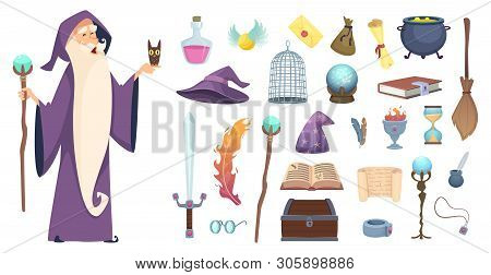 Magician Tools. Wizard Magic Mystery Broom Potion Witch Hat And Spell Book Vector Cartoon Pictures. 