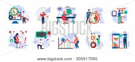 Time Management Vector, People With Clock And Timers, Man In Hurry, Sand Glass And Running Clock, Sc