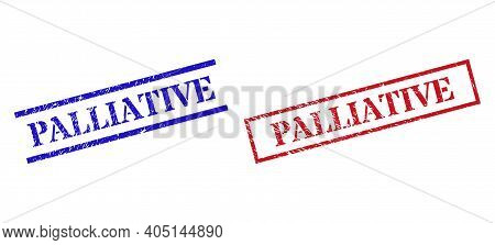 Grunge Palliative Rubber Stamps In Red And Blue Colors. Seals Have Rubber Surface. Vector Rubber Imi