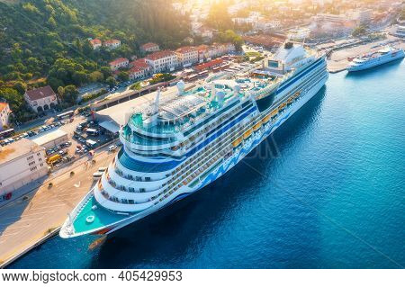 Aerial View Of Cruise Ship At Harbor At Sunset. Beautiful Large Ships And Boats. Landscape With Boat