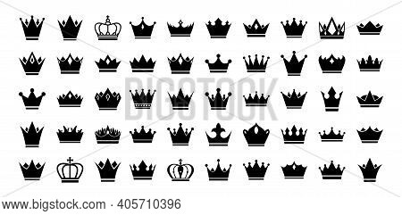 Big Set Of Vector Crowns Icon. Design Elements For Use In Logos, Emblems, Badges. King And Queen Cro