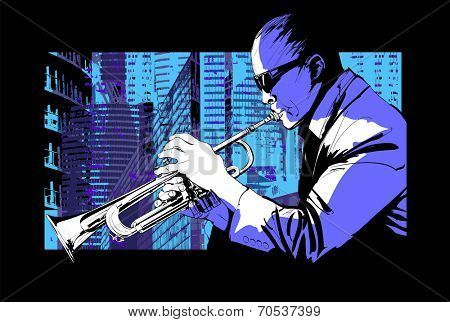 Jazz trumpet player over a city background - Vector illustration