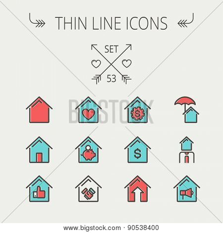 Real Estate thin line icon set for web and mobile. Set includes -housing loan, mortgage, contoured house, saving, house insurance, broker, house alarm icons. Modern minimalistic flat design. Vector