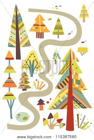 Forest path with trees, all in a geometric style with cheerful colors.