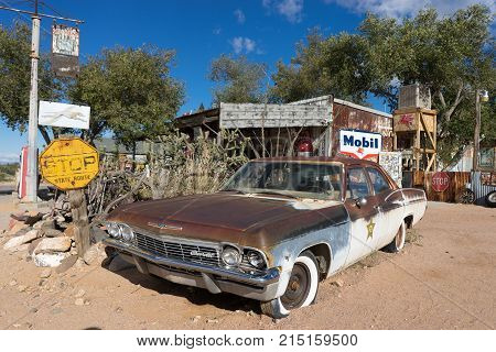 November 10, 2015 Hackberry, Arizona,USA: rusty vintage sheriff's car exhibited at Hackberry General Store on the scenic Route 66.