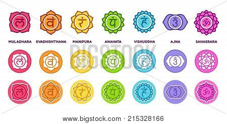 Chakra system icon set in different styles. The seven chakras on colored circles with sanskrit symbols simple and modern flat vector pictograms.