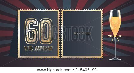 60 years anniversary vector icon logo. Template design greeting card with collage of photo frames number for 60th anniversary and champagne for background or banner