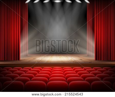 Open red curtain and empty illuminated theatrical scene realistic vector illustration. Grand opening concept, performance or event premiere poster, announcement banner template with theater stage