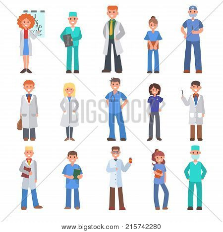 Different doctors vector people doctoral profession specialization nurses and medical staff people hospital doc character illustration. Medico person physician intern medic specialist.