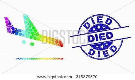 Dotted Spectral Airplane Landing Mosaic Icon And Died Seal. Blue Vector Rounded Distress Seal Stamp 