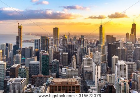 Sunset Aerial view of Chicago Skylines building at Chicago downtown in Chicago City Illinois USA. Looking to the south of Chicago.