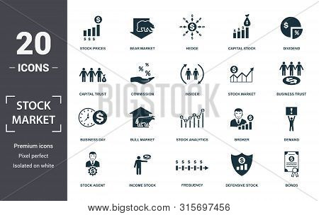 Stock Market Icon Set. Contain Filled Flat Bear Market, Stock Market, Stock Prices, Stock Agent, Bus