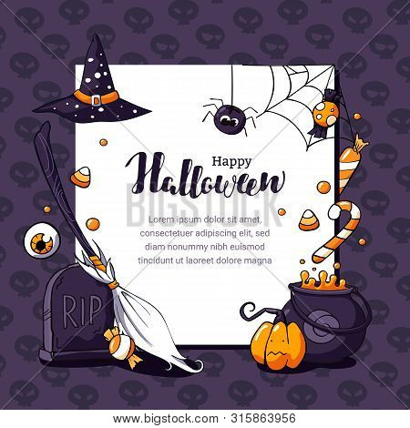 Halloween Postcard Vector Illustration With Scary Theme And Space For Text. Halloween Card With Eyeb