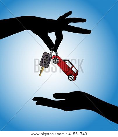 Human Hands Exchanging Modern Car Keys With Automatic Locking System And Red Car Symbol