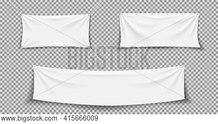 Fabric Banner. White Textile Banner. Hanging, Stretch Cloth Flag. Fabric Canvas With Rope. Blank Hor