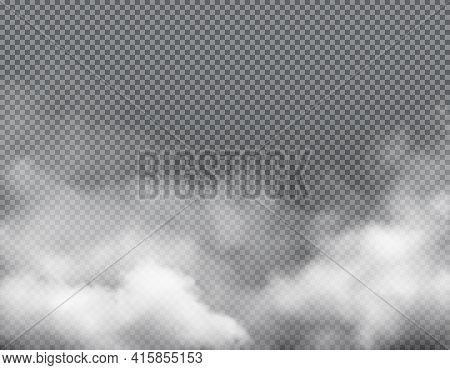 Fog Smoke, Mist Steam Clouds Background, Transparent White Smog, Vector Effect. Smoke Fog Or Spooky 