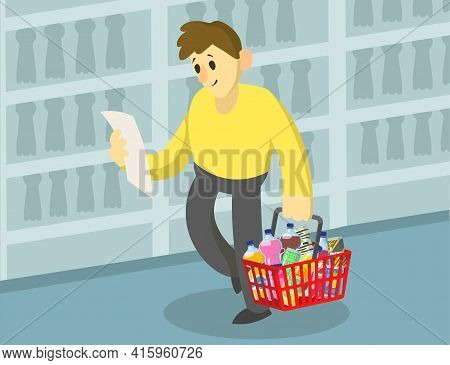 Cartoon Man Doing Grocery Shopping With List In Supermarket. Flat Vector Illustration. Citizen Makin