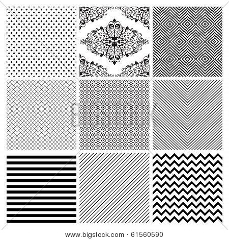 Seamless Black and White geometric subtle background patterns.