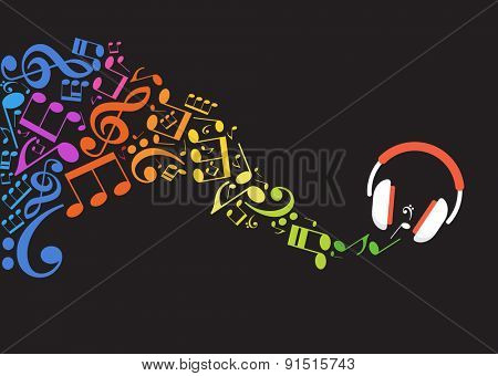 Concept music. Music background with headphones and musical notes