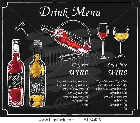 Drink menu elements on chalkboard. Restaurant blackboard for drawing. Hand drawn chalkboard drink menu vector illustration. wine list drink menu board glass of the white wine and red wine