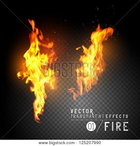 Realistic Vector Fire Flames. Transparent vector effects. Flames with sparks. Vector illustration.