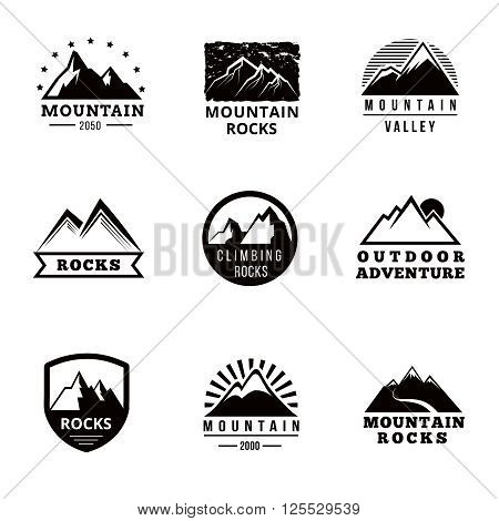 Mountains vector logo, badges and emblems vector set. Adventure outdoor, expedition mountain, badge climbing mountain snowy, peak mountain label illustration