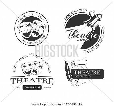 Vintage vector theatre labels, emblems, badges and logo. Classical theatrical mask, spotlight theatre, performance theatre  sign, emblem theatre illustration