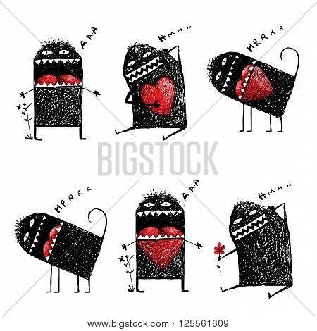 Abstract black funny creature, bizarre humorous, creative character. Hand drawn vector illustration