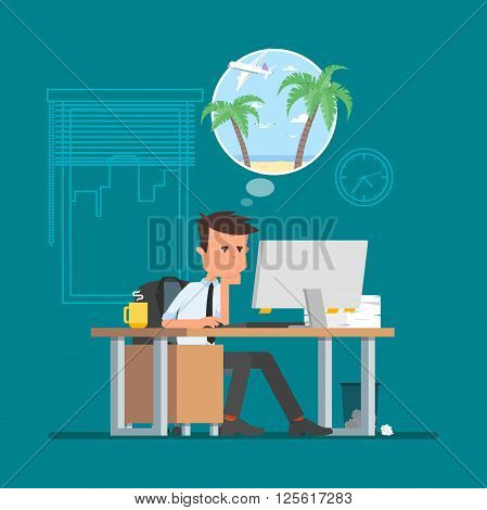 Business man working hard and dreaming about vacation on a beach. Vector illustration in flat cartoon style. Office worker in stress dreaming to go to tropical island.