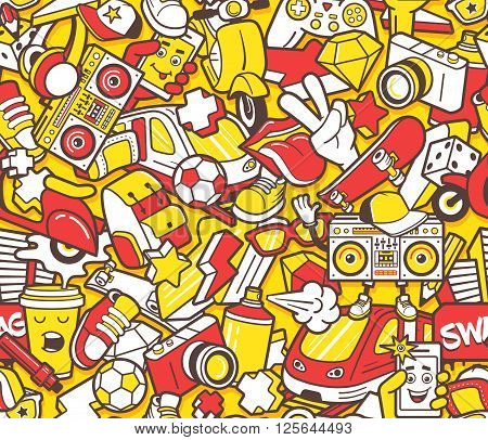 Graffiti seamless pattern with urban lifestyle line icons. Crazy doodle seamless abstract background. Trendy linear style graffiti collage with bizzare street art elements. Vector seamless pattern