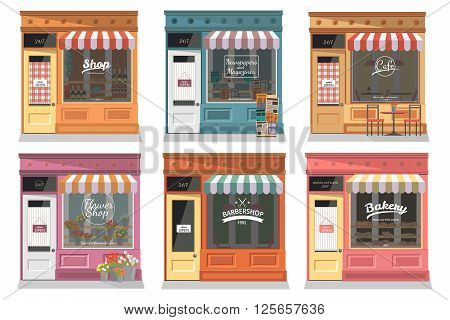 Shops and stores facade icons set in flat design style. Shop, Newspaper shop, Cafe, Barber, Flower shop, Bakery. Vector illustration