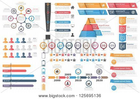 Infographic elements set - circle diagram exclamation mark text boxes with numbers and icons pyramid chart bar graph timeline rating stars and other infographic objectsvector eps10 illustration