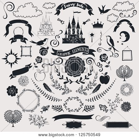 Set of Fairy Tale Graphic Vector Elements - Fairy tale-themed set of crisp black clip art, including castle, banners, frames, roses, clouds, birds, branches, flowers, swirls and fun shapes; hand drawn