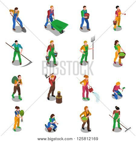 Farmers at work with scythe fork rake and shovel isometric figures icons collection abstract isolated vector illustration