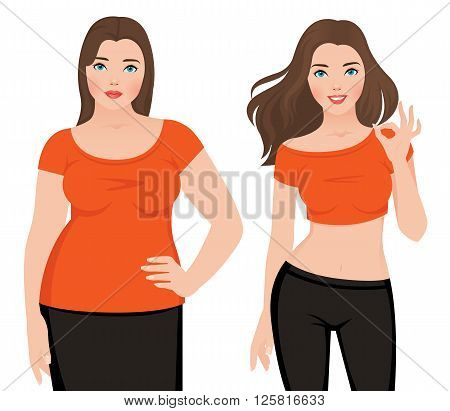 Before and after weight loss fat and slim woman on a white background vector illustration