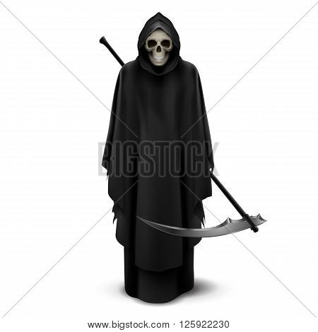 Angel of death with a scythe in his hands on white background.